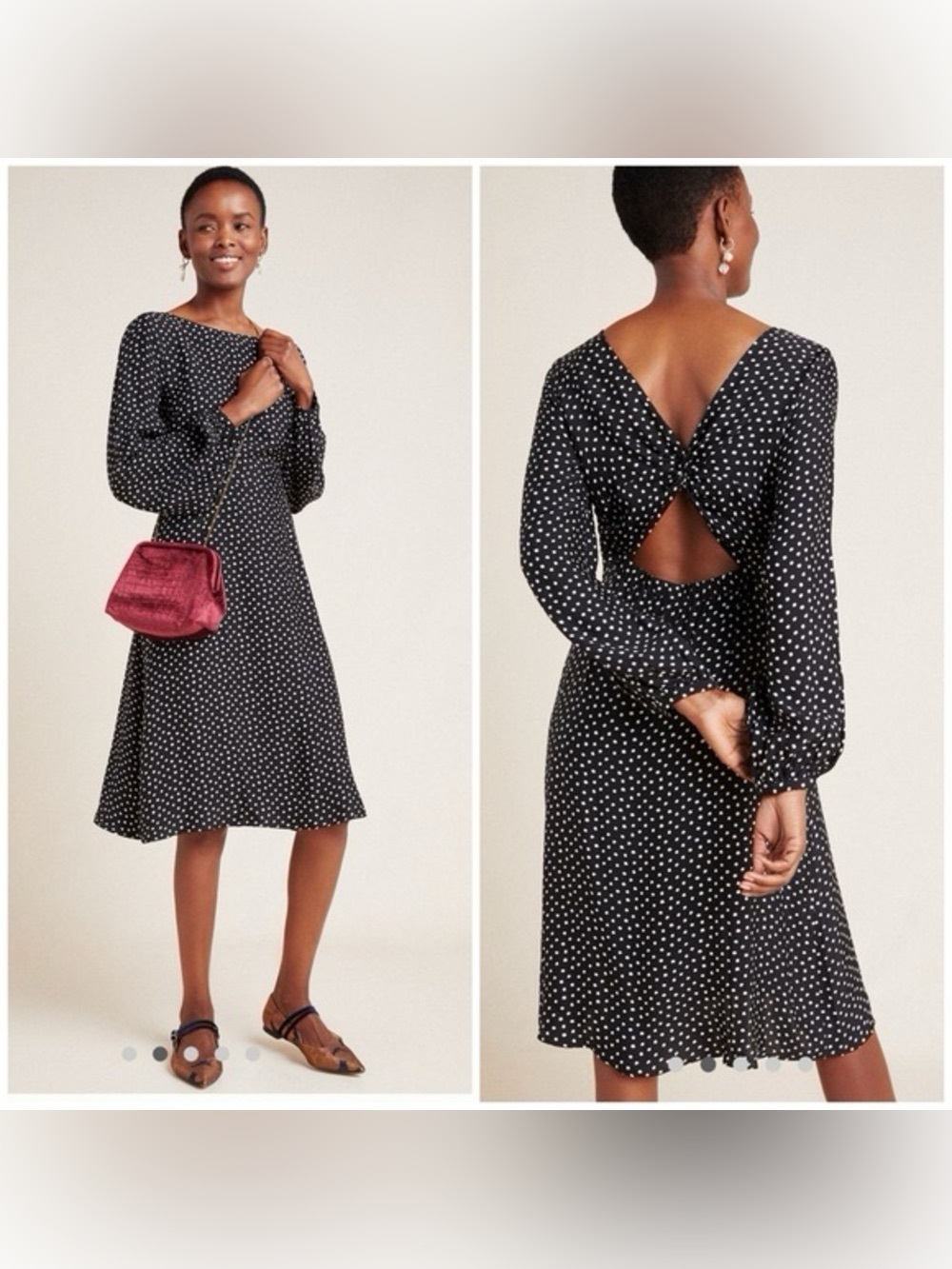 Anthropologie Agatha Midi Twist Back Dress Black with White Polka Dots size 12
